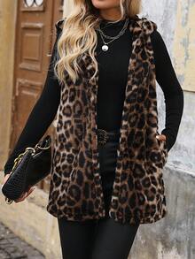 SHEIN Clasi Damen Leopard Muster Kunstfell Weste mit Kapuze und Frontverschluss - Mokka-Braun - Übersicht 4