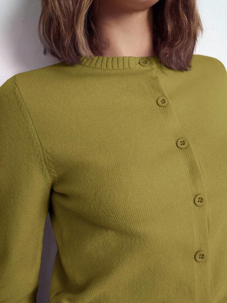 SHEIN Maija Women's Solid Color Crew Neck Long Sleeve Single-Breasted Knit Cardigan, Fashionable Style, Soft And Comfortable. Suitable For Urban Women's Commuting And Business Casual Occasion, Vacation Summer Going Out Graduation