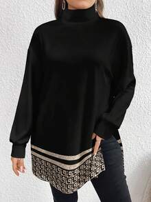 EMERY ROSE 经典几何复古花卉印花休闲简约大码高领长款T恤，春秋季 - 彩色 - 查看 3