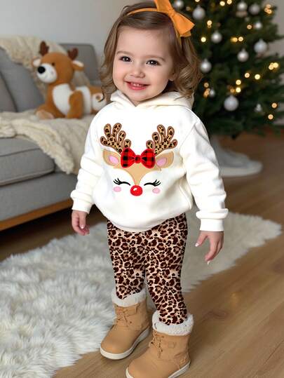 SHEIN Happikins Merry Christmas Baby Girl Cute Funny Cartoon Reindeer, Retro Leopard Print, Cream White, Festive Casual Loose Dropped Shoulder Hooded Sweatshirt And Pants 2 Pieces Set, Suitable For Autumn/Winter Christmas Outings