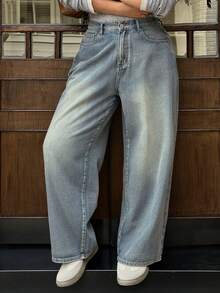 Dazy Plus Vintage Light Blue High Waist Distressed Straight Leg Maxi Jeans, Plus Size Women Denim Pants For Spring & Autumn - Light Wash - View 5