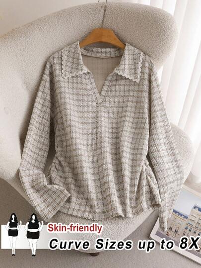 SHEIN CURVE+ 大码女式休闲 Polo 领长袖褶皱格子 T 恤