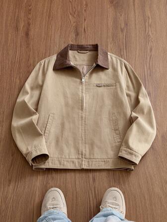 Manfinity Unisex Chaqueta casual de manga larga con cremallera y cuello de contraste para hombre, para primavera/otoño, para otoño e invierno, artículos para parejas