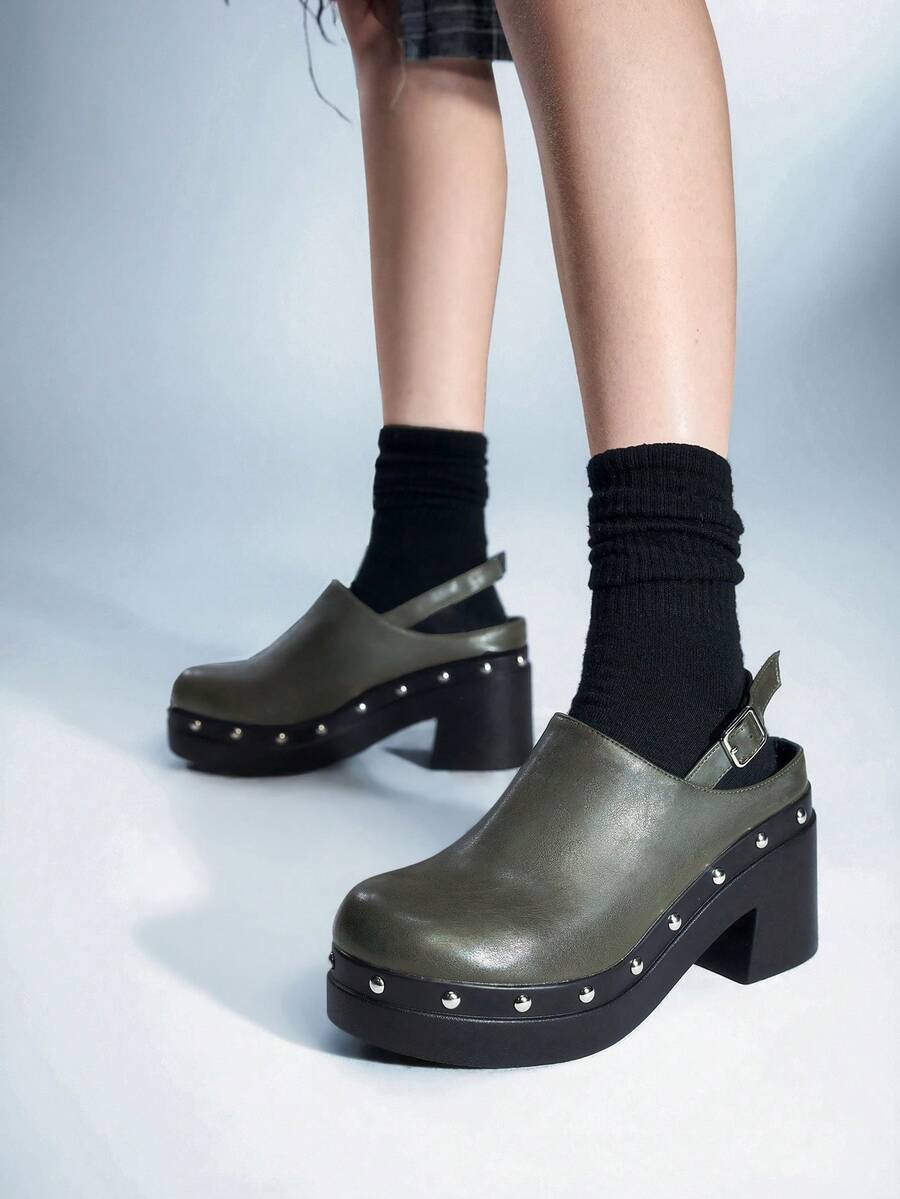 Sugerpunk Women's Slip-On Mule Shoes, New Fashion Buckle Rivet Slingback Shoes, Thick Sole Casual Flat Shoes - Green - View 1