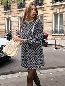 Chiquease French Vintage Lace-Trimmed Dress: Navy Blue With White Geometric Floral Print, Puff Sleeve Shift Mini Dress For Date & Afternoon Tea Preppy Style Lace-Accent Dress: Navy Blue & White Geometric Floral Print Puff Sleeve Shift Dress, Cute Outfit For Campus & Daily Legant Office Lace-Detail Dress: Navy Blue With White Geometric Floral Print, Puff Sleeve Shift Dress For Work & Meeting - Black - View 7