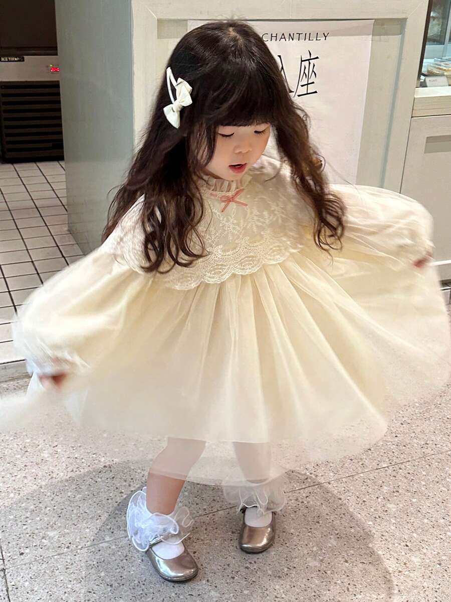 DAZY 女婴/幼儿韩式生日派对正式礼服，网纱拼接设计 - 杏色 - 查看 1