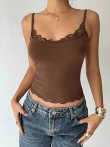 Aloruh Casual Versatile Solid Color Lace Trim Camisole, Summer Everyday Coffee Brown - Coffee Brown - View 5
