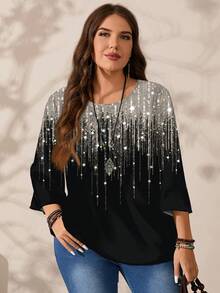 EMERY ROSE Plus Size Women's Casual Romantic Full-Print Christmas Atmosphere Silver Glitter Pattern Round Neck Loose 3/4 Sleeve Blouse, Black Shirt, Date Wear/Winter