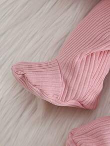 2件套新生女婴柔软舒适面料套装，粉色纯色长袖上衣，可爱荷叶袖，搭配长裤，家居服睡衣套装 - 粉色 - 查看 8