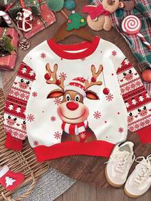 SHEIN Happikins Young Girl's Casual Christmas Cute Cartoon Reindeer & Polka Dot Snowflake Pattern Loose Fit Cozy Crew Neck Long Sleeve Knit Sweatshirt, Suitable For Autumn/Winter Girl Christmas Pajamas Kids Christmas Sweater Little Girl Winter Set Girl Christmas Sweater Kids Christmas Pajamas - Multicolor - View 3