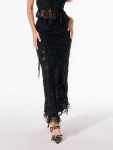 SHEIN Unity Váy midi dài phối ren, vải cắt ghép theo phong cách Gothic lãng mạn, chủ đề Halloween. - màu đen - Xem 3