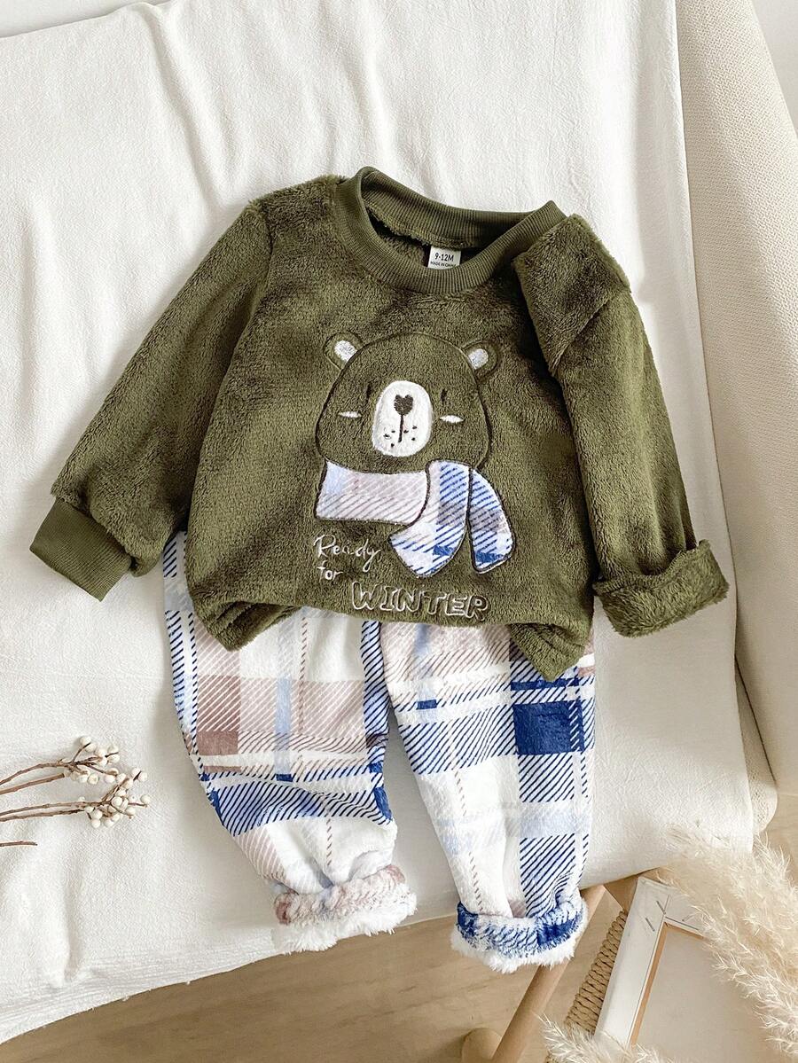 幼儿男童棕色卡通熊图案羊毛长袖上衣和裤子家居服套装,舒适优质面料,休闲时尚,适合家庭聚会,秋冬季 - 軍綠色 - 查看 1