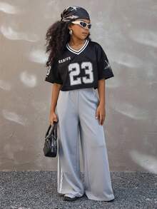 Coolane Kids Tween Girls Spring/Summer/Fall/Winter V-Neck Mesh Fabric Letter & Number Print Loose Cropped T-Shirt