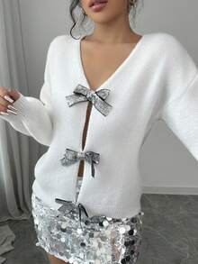 Selianne Maglione da donna versatile e alla moda, con paillettes e fiocco decorativo, reversibile e senza schienale, adatto per l'autunno/inverno