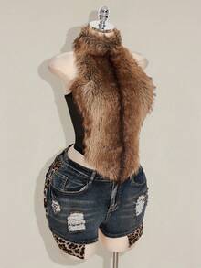SHEIN ICON Plus Size Y2K Sexy Furry Mesh Patchwork Halter Neck Tight Top Fur Top Women Top - Multicolor - View 6