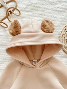 SHEIN LMoss Kids 女婴法式优雅熊耳连帽毛绒长袖卫衣 - 粉色 - 查看 3