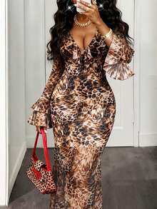 Eryvara 女款豹纹性感深V袖多层网纱连衣裙秋冬女装连衣裙性感时尚派对连衣裙 - 棕色 - 查看 3