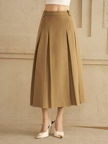 Arave 女士羊毛混纺 A 字褶腰纽扣装饰半身裙，办公室穿着 - 卡其色 - 查看 6