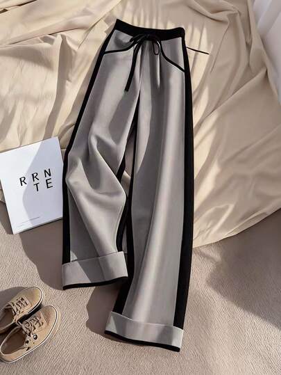 GlowEve Fashionable Commuter Contrast Color Patchwork Lace-Up Waist Long Pants