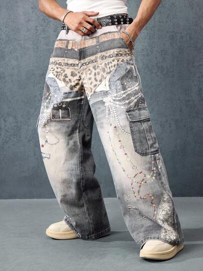 Street Life Jeans en denim pour hommes avec effet visuel imprimé, ceintures multiples