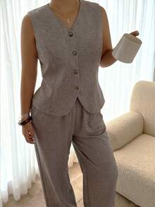 Dripcurv Plus Size Women's Grey Summer Smart Casual Office Suit Set,Single-Breasted Vest And Pants,Vintage Retro Commuter Style For Autumn/Winter Wear - Coffee Brown - View 3