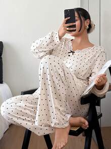 SHEIN Ensemble de pyjama à manches longues pour femmes grandes tailles, col carré en dentelle et pois, pour l'automne et l'hiver - Nude - Voir 3