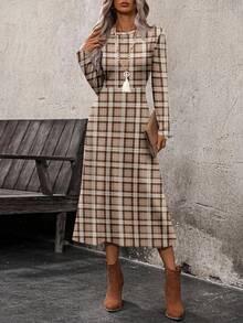 SHEIN LUNE 女式格子圆领长袖优雅中长连衣裙 - 彩色 - 查看 5