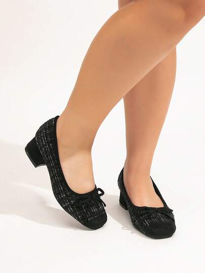 CUCCOO CURVES 大码女式方头粗花呢蝴蝶结装饰优雅高跟时尚礼服鞋