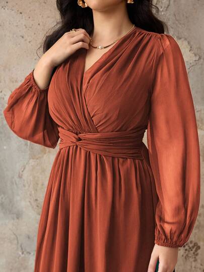 Roveilla Vestido de mujer talla grande de estilo vintage elegante de estilo medio oriental, de gasa con tela plisada, fruncido, torsión en la cintura, silueta evasé, mangas farol, manga larga, adecuado para el té de la tarde, fiestas, primavera/otoño/invierno