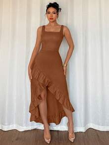 Rafferiza Women's Square Neck Ruffle Hem Asymmetric Dress - Brown - View 4