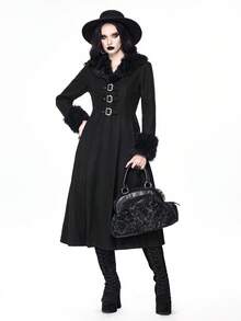 ROMWE Goth Abrigo largo de mujer con parches de piel sintética de estilo gótico, para invierno - Negro - Ver 6