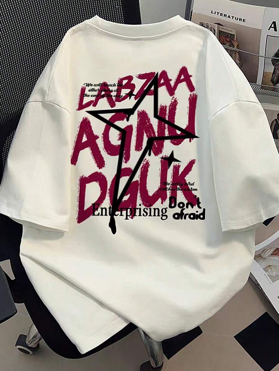 Manfinity Dauomo 男士休闲标语印花短袖T恤，夏季 - 白色 - 查看 1