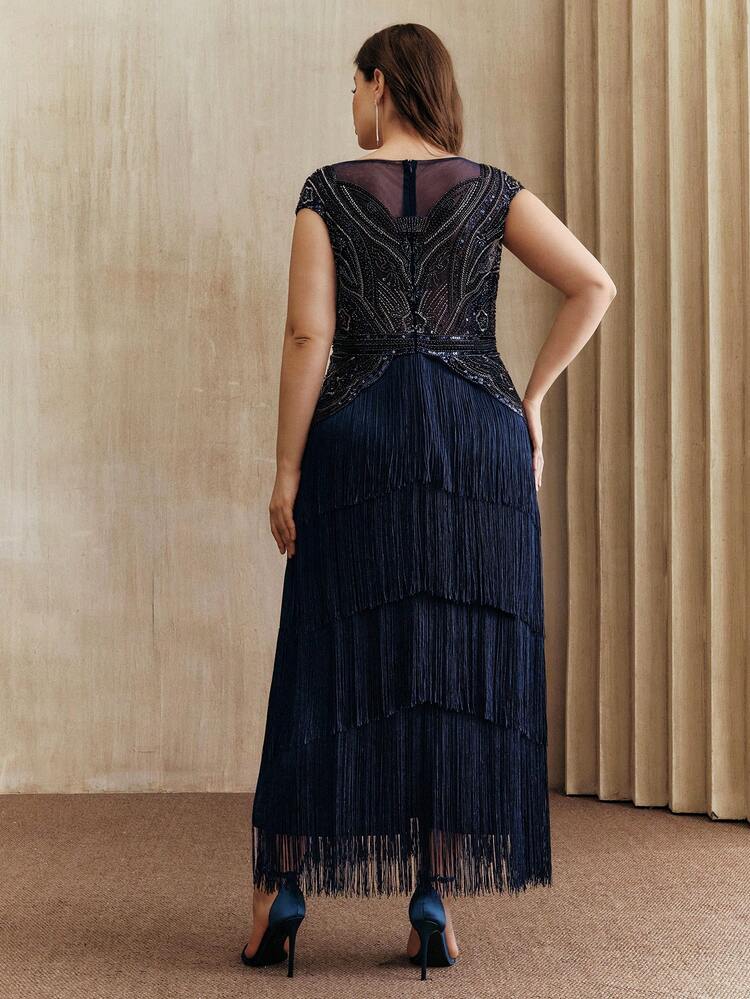 Plus Size Women's High-End Bohemian Style Banquet Dress With Patchwork, Tassel And Beaded Design