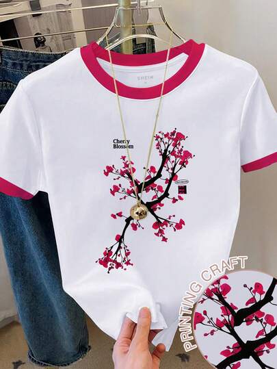 Resyla 女士撞色字母和树木印花短袖休闲圆领T恤