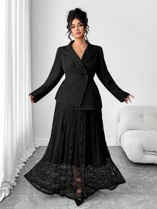 Elenzga 大码女士优雅翻领长袖收腰不对称下摆西装外套和蕾丝长裙休闲套装，冬季 - 黑色 - 查看 5