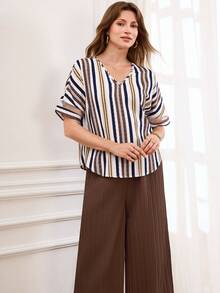 Miaspire 2pcs Women Casual Striped V-Neck Top & Pants Set - Multicolor - View 5