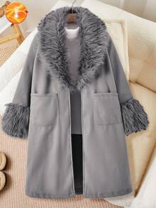 SHEIN Tween Girls' Casual Minimalist Collar Overcoat, With Fur Collar And Two Pockets, Suitable For Autumn/Winter Outings, Commuting, Walking, Shopping, Can Be Paired With Long Sleeve, Sweater, Pants