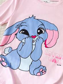 Bộ 2 món đồ ngủ tay ngắn vừa vặn và quần dài cho bé gái, họa tiết thỏ dễ thương, thích hợp cho mùa hè - Hồng - Xem 3