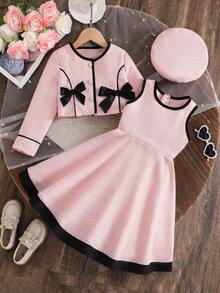 Elladie kids 两件套女童无袖连衣裙和长袖蝴蝶结装饰外套套装 - 粉色 - 查看 4