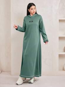 Veilorie Women's Hooded Contrast Stitching Letter Long Sweatshirt Dress - Mint Green - View 1