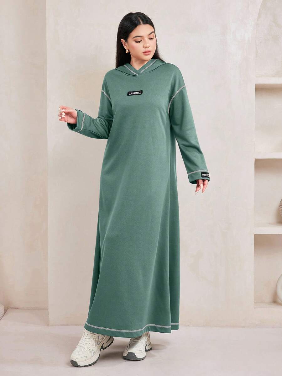 Veilorie Women's Hooded Contrast Stitching Letter Long Sweatshirt Dress - Mint Green - View 1