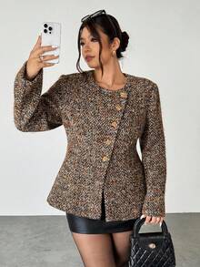 Firerie Oshea 棕色小香风夹克女2025新款春秋收腰修身金扣帅气羊毛外套系列 Oshea 棕色小香风夹克女2025新款春秋收腰修身金属扣帅气羊毛外套 粗花呢夹克女 女士粗花呢夹克 粗花呢西装外套女 棕色西装外套 棕色粗花呢夹克