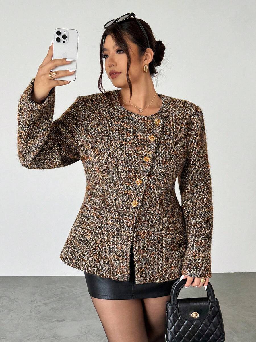 Firerie Oshea 棕色小香风夹克女2025新款春秋收腰修身金扣帅气羊毛外套系列 Oshea 棕色小香风夹克女2025新款春秋收腰修身金属扣帅气羊毛外套 粗花呢夹克女 女士粗花呢夹克 粗花呢西装外套女 棕色西装外套 棕色粗花呢夹克