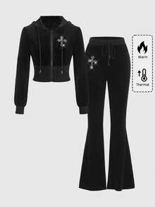 ROMWE Goth Baddie Casual Y2K Rhinestone Cross Front Zipper Hoodie & Flare Pants Set With Tie Bowknot & Velvet Fabric, Stretchy Knitted In Solid Black, Women