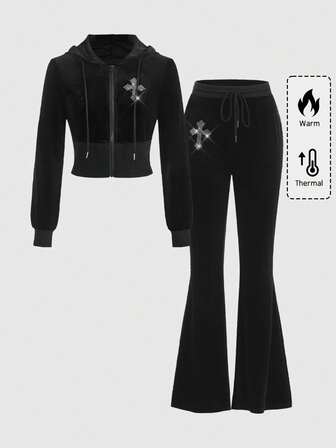 Goth Baddie Casual Y2K Rhinestone Cross Front Zipper Hoodie & Flare Pants Set With Tie Bowknot & Velvet Fabric, Stretchy Knitted In Solid Black, Women
