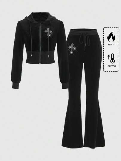 Goth Ensemble Y2K décontracté en strass avec fermeture éclair croisée à l'avant, sweat-shirt à capuche et pantalon évasé avec nœud papillon et tissu de velours, tricoté élastique en noir unicolore, femme