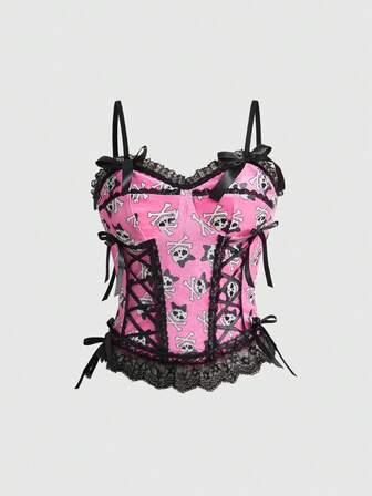 Kawaii Débardeur court sexy Y2K en patchwork de dentelle, avec nœud, imprimé pois et crâne