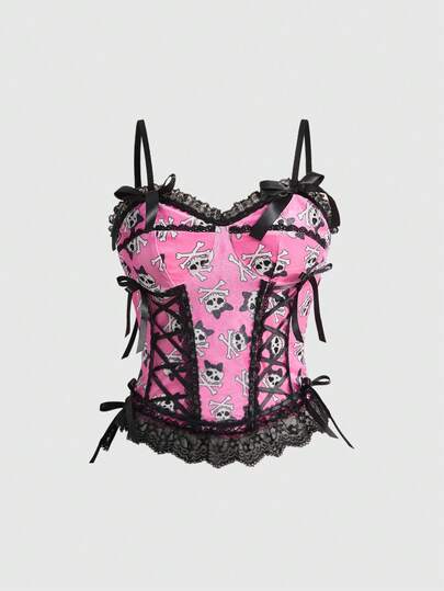 Kawaii Top canotta Y2K sexy con patchwork in pizzo, fiocco, stampa a pois e teschio