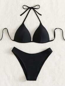 Swim Basics Solid Color Halter Twist Front Bikini Set - Black - View 4
