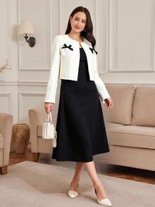 Sparklyn 1 套无袖连衣裙和短夹克，黑色和白色，优雅经典，适合派对，休闲装，针织面料，舒适